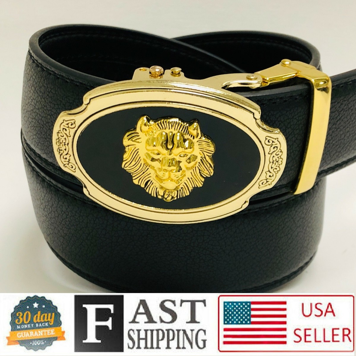 Men's Designer Leather Gold Silver Lion Head Sliding Ratchet