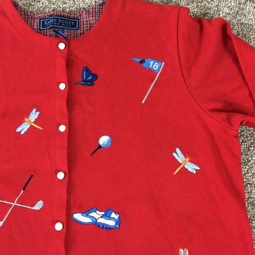 Karen Scott Jacket Womens Large Red Knit Golf Tee Clubs Button Up Long Sleeve - Picture 4 of 12