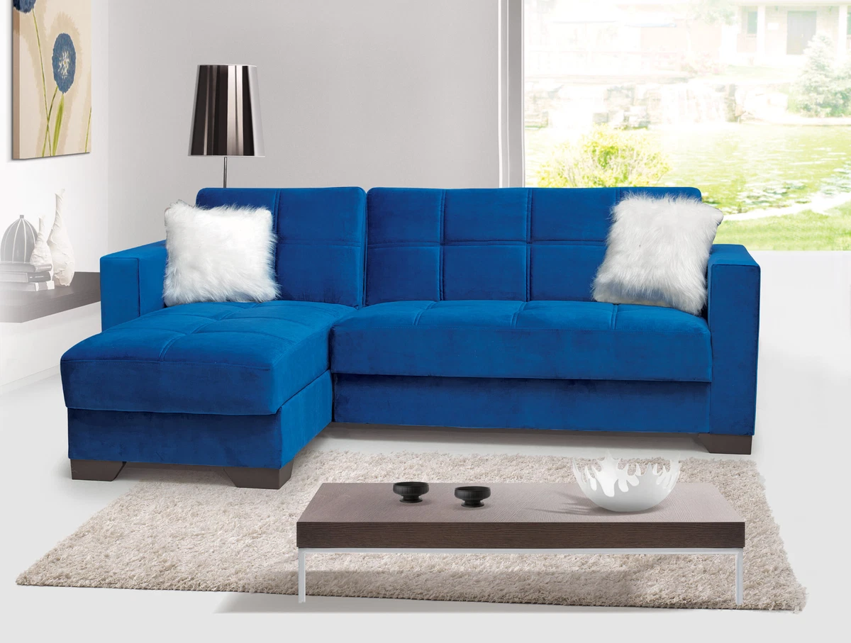 Merlin Royal Blue Plush Velvet Sofa Bed with White Fluffy Pillows