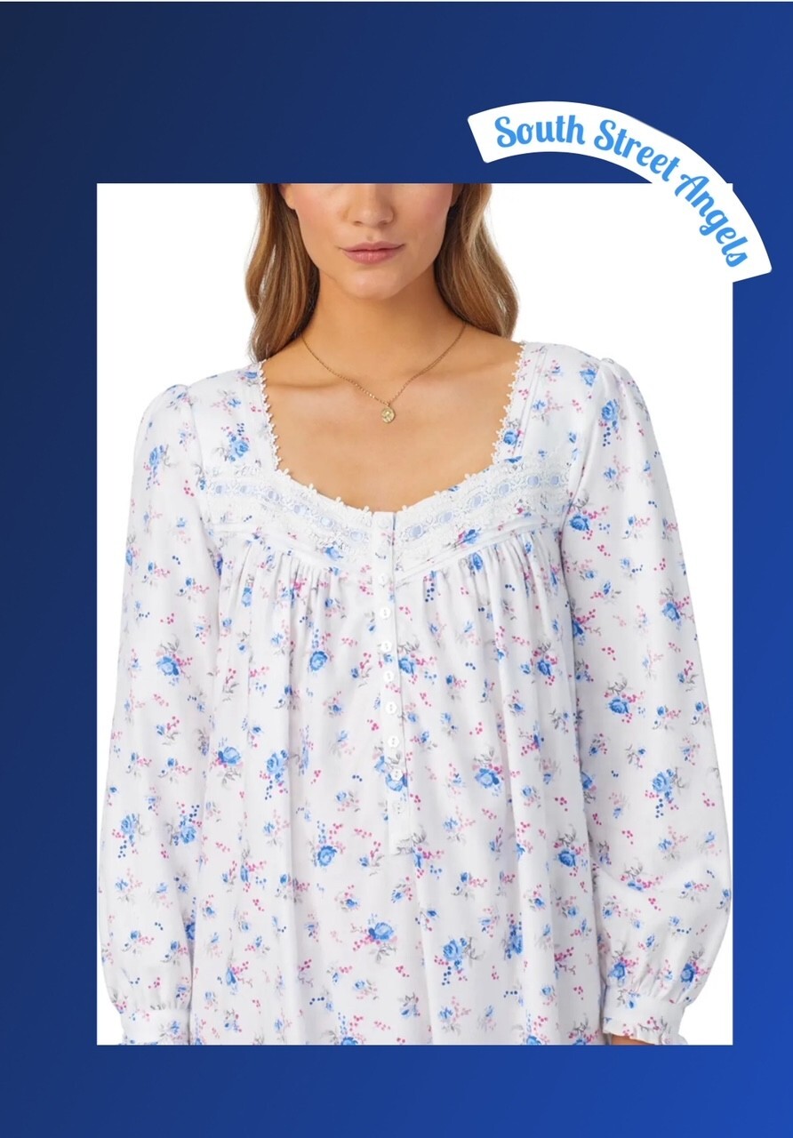 EILEEN WEST E5226621 BLUE/WHITE ROSES COTTON RAYON FLANNEL NIGHTGOWN LARGE eBay