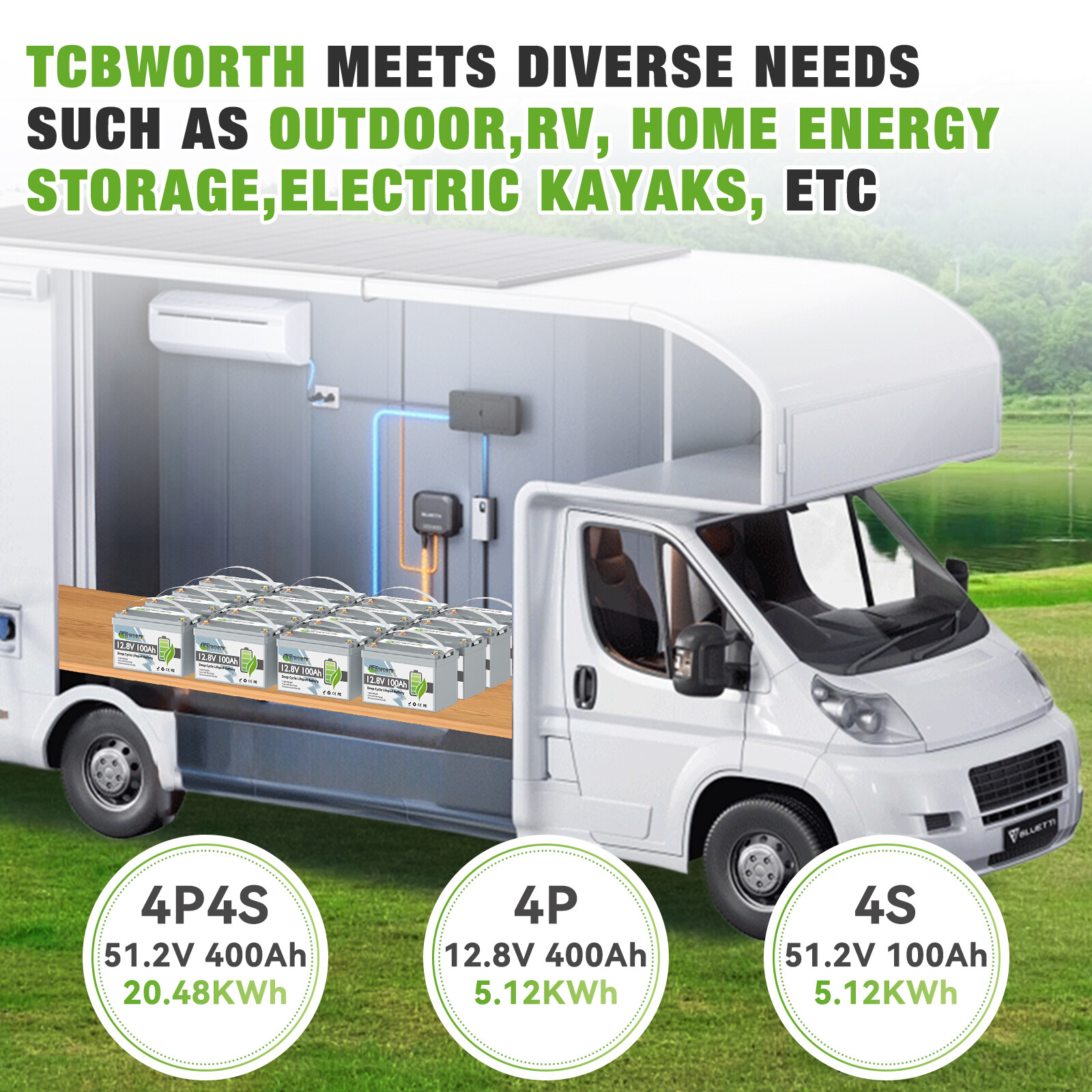 TCBWORTH 12V 100Ah LiFePO4 Lithium Battery for RV Marine Solar System 100A BMS