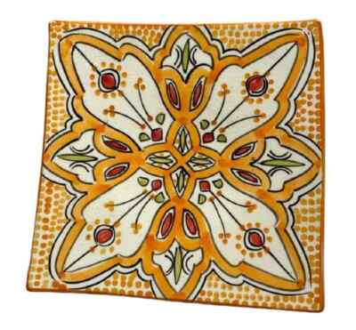 MOROCCAN Bread Plate Handmade Pottery Hand Painted Orange Square Salad Appetizer