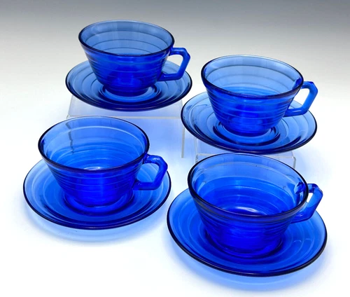 Cobalt Blue Hazel Atlas Moderntone Teacups & Saucers Depression Glass Set of 4