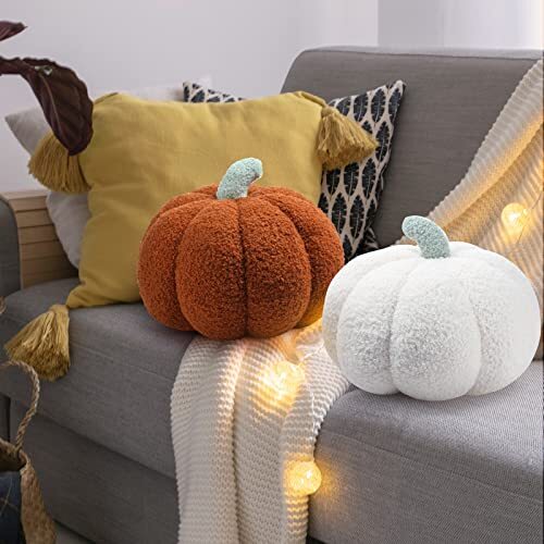 2 Pieces Simulated Pumpkin Pillow Plush Pillow 3D Pumpkin Shaped White, Brown - Picture 7 of 8