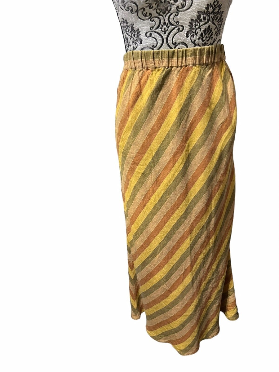 JAEGER Women's Size 12 Striped 100% Linen MIDI Skirt Elastic