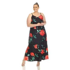 White Mark Women's Plus Size Floral Sleeveless Side Slit Maxi Dress Black/Red 2X