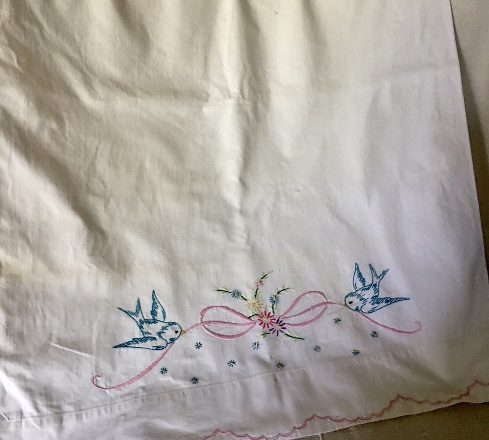 Antique Embroidered Floral Bird Cotton Fabric Pillow Case Cover ~ Pink ... - Vintage Embroidered Cotton Fabric Pillowcase Covers