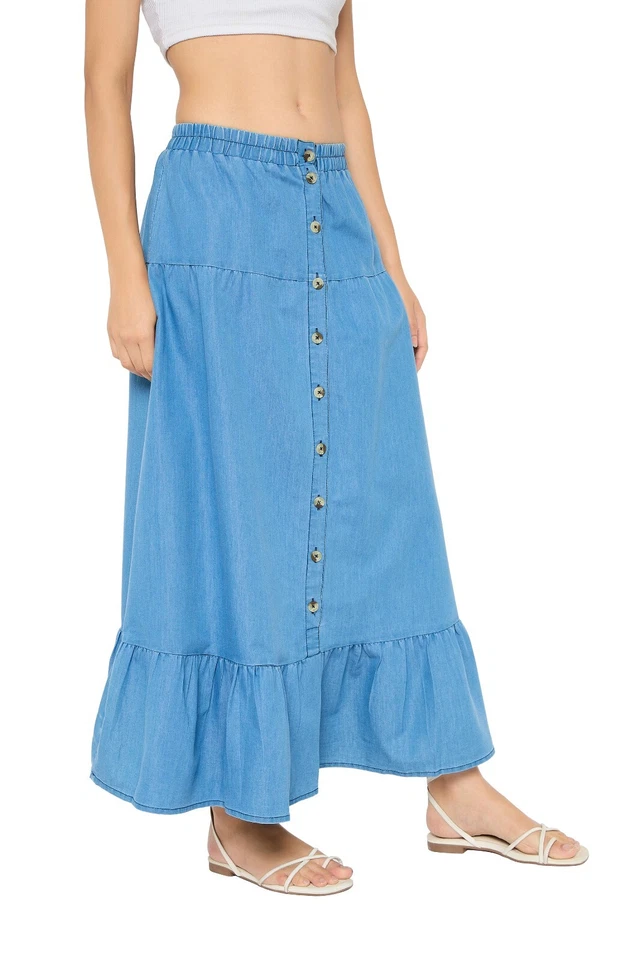 Maxi vestido vaquero informal de tiro alto con botones falda larga de mezclilla para mujer Foto 4 de 4