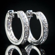 Men Women Iced White Gold Plated Huggie Hoop CZ Sliver Round Earrings