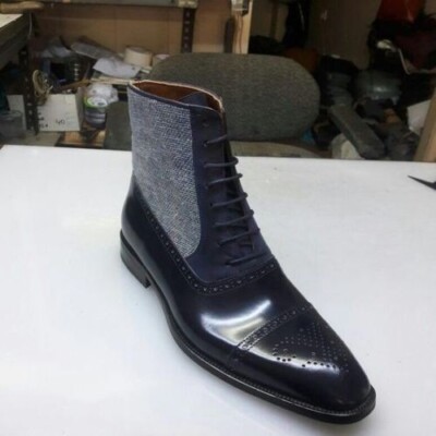 Handgefertigte dreifarbige Herrenstiefel Männer Kappe Zehe schwarz marineblau und grau Tweed Schnürstiefel