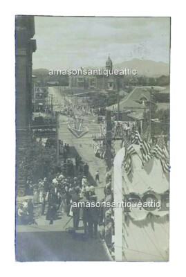 RPPC 1909 Redding Parade 4th July Top of Hotel Shasta Co CA 