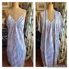 VTG 1980s Lucie Ann II Lavender Paisley satin robe nightgown set women's M USA