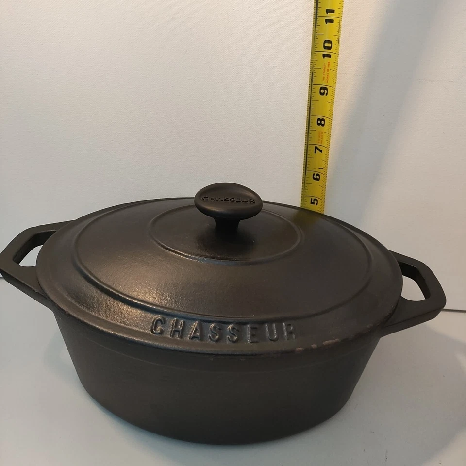 Raro Chasseur Horno Holandés Hierro Fundido Mate Negro Marfil Cazuela Plato 10" Francia Foto 2 de 4