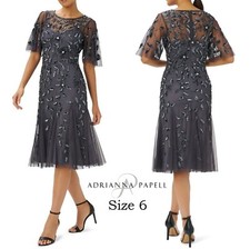 Adrianna Papell Floral Beaded Flutter Sleeves Gunmetal Dress NWT Size6
