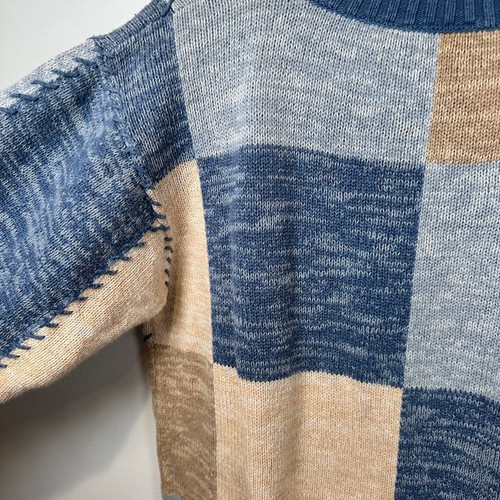 Jantzen Classic Patchwork Knit Sweater Blue Tan Gray Colorblock Cozy Pullover - Picture 4 of 4