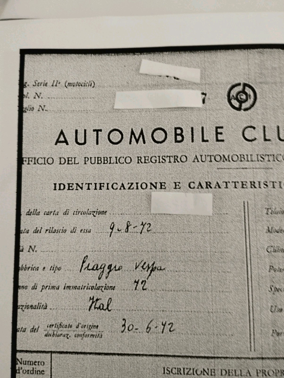 Vespa 150 VLB Roma solo Cronologico No Et3