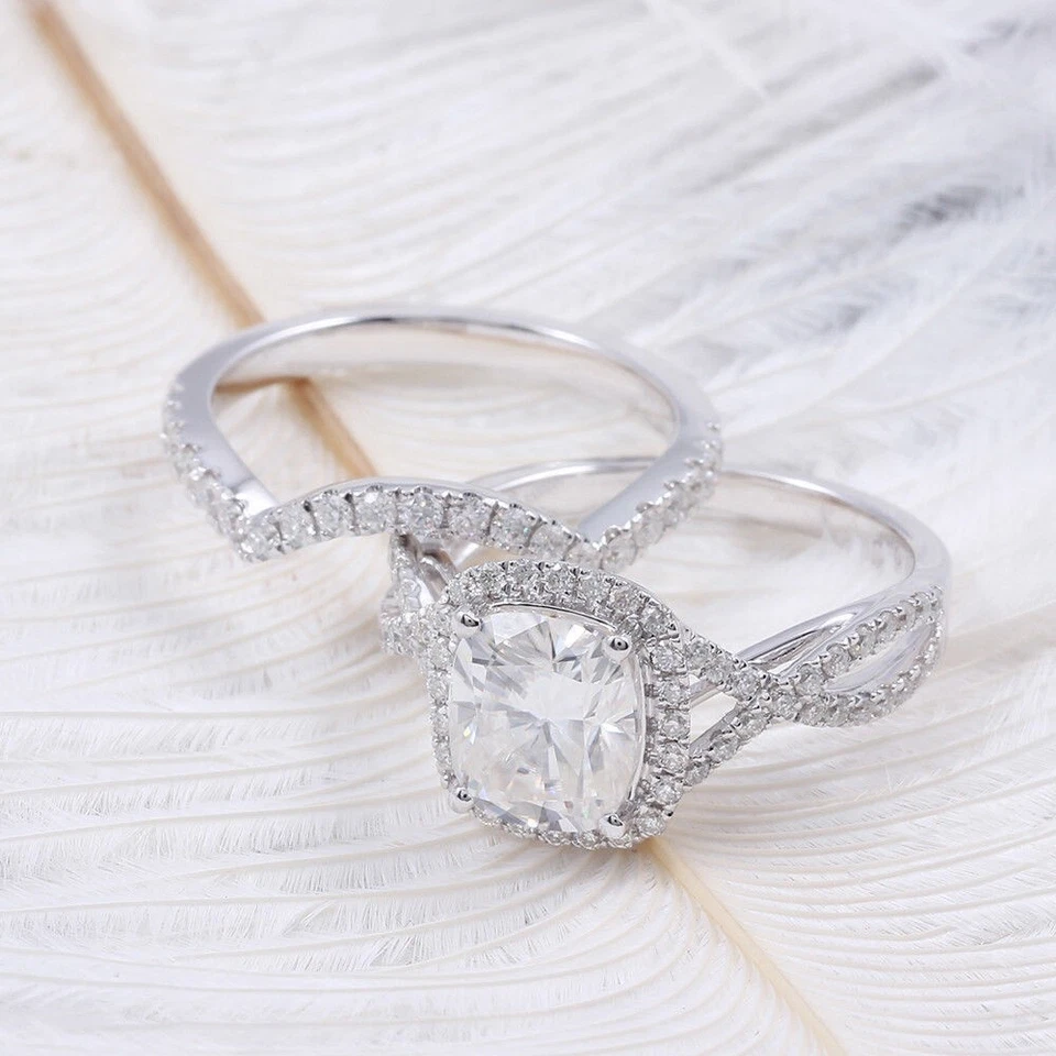 Set anello da sposa 2,90 ct diamante taglio cuscino oro bianco massiccio 14... - Immagine 2 di 4