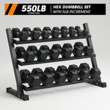 Rubber Hex Dumbbell Set 5-50 LB with Rack  10 Pairs, 550 lbs, Free Shipping