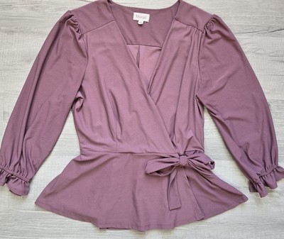 Meraki XL Dusty Rose Faux Wrap Peplum Top Long Sleeve Puff Sleeve Tie Front