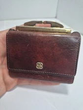 Vintage Bosca Hand Stained Hide Brown Leather Mini Wallet - Kiss Lock Coin