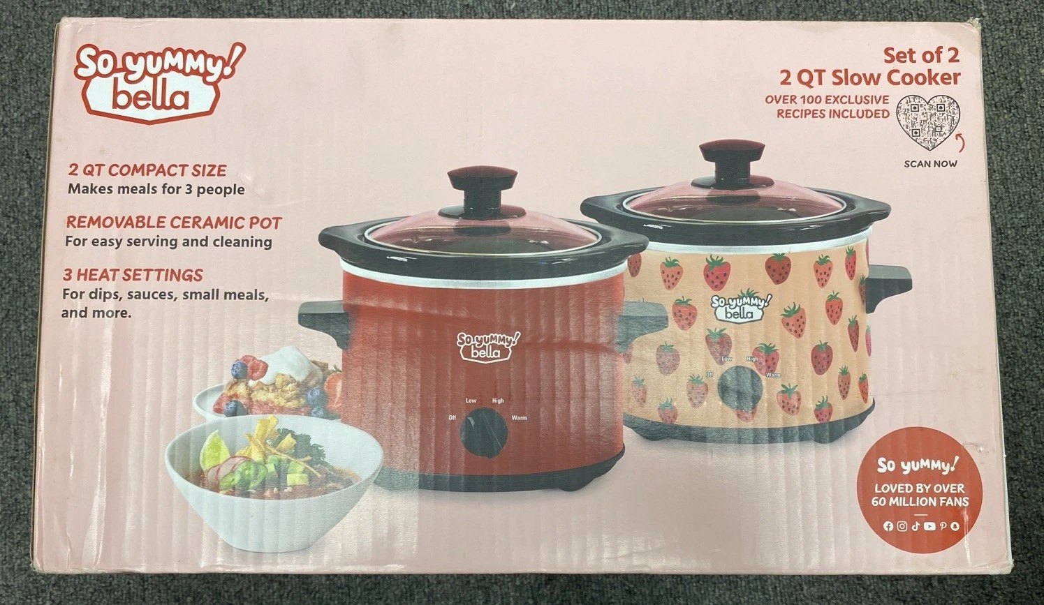 So Yummy By Bella 2.0 QT Twin Set 2 Pack Slow Cooker Removable Ceramic Pot NEW