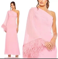 Mac Duggal 11442 Feather Cuff One Shoulder Ruched Gown Sz 10 NWT Rose Pink $698
