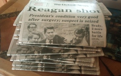 The Detroit News Newspaper Stack ''Reagan Shot'' Headline Paper