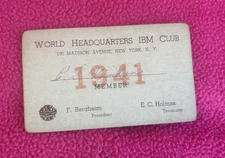 1941 MEMBERSHIP CARD vintage WORLD HEADQUARTERS IBM CLUB NY logo I.B.M president