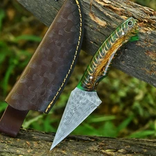Damascus Steel Full Tang Blade Kiridashi Knife Utility Knife, Pine Cone Handle
