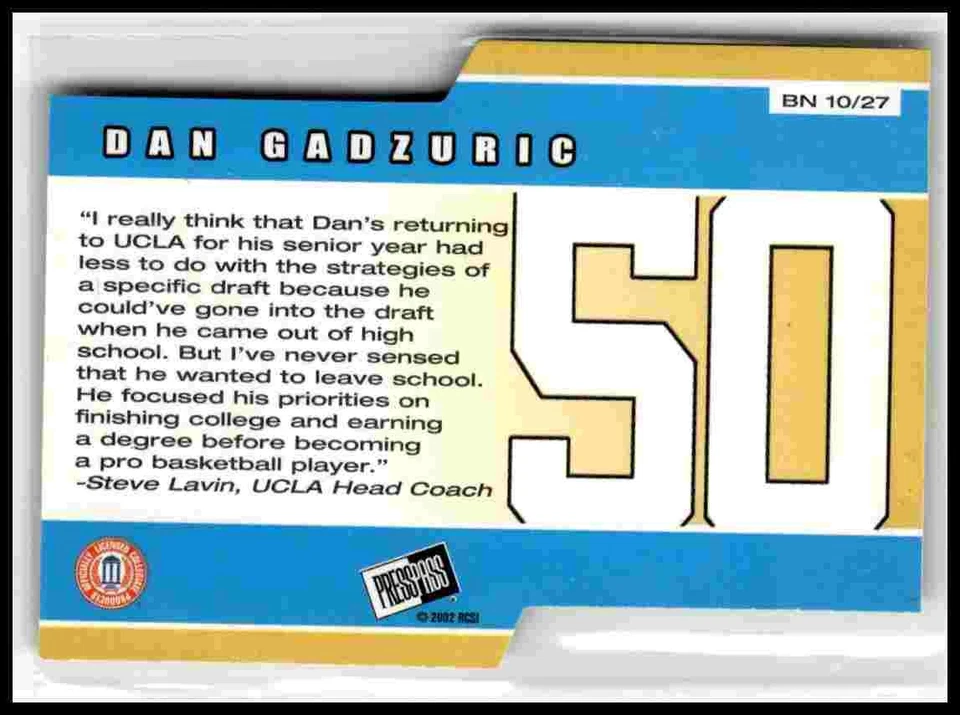 2002 Press Pass #BN10 Dan Gadzuric Big Numbers - Image 2 of 2