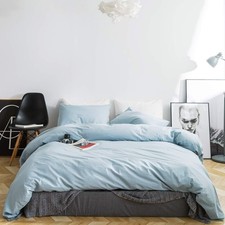 100 Washed Cotton Duvet Cover Queen 3 Pieces Set 1 Light Blue Duvet Cover with