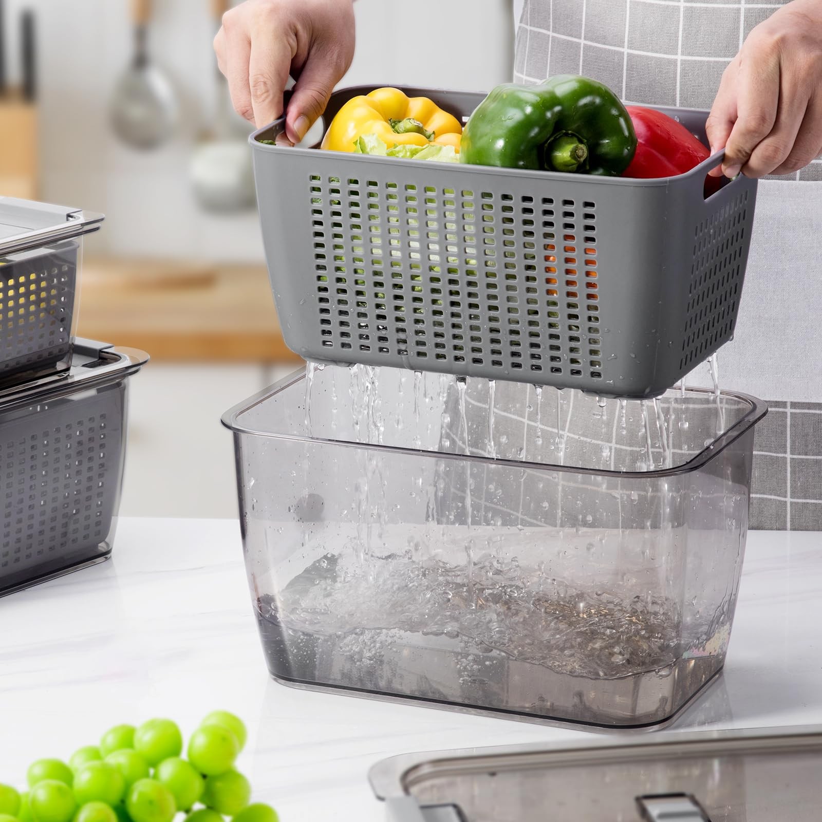 3-Pack BPA-Free Produce Saver Containers with Lids for Fridge - Grey