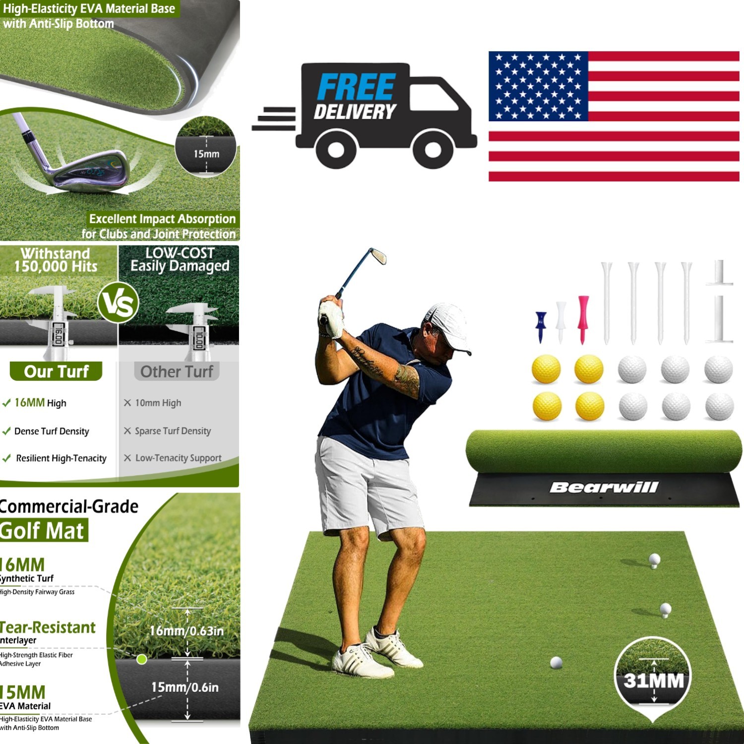 Golf Training Mat 5ft X 4ft High Quality Synthetic Turf for All Skill Levels