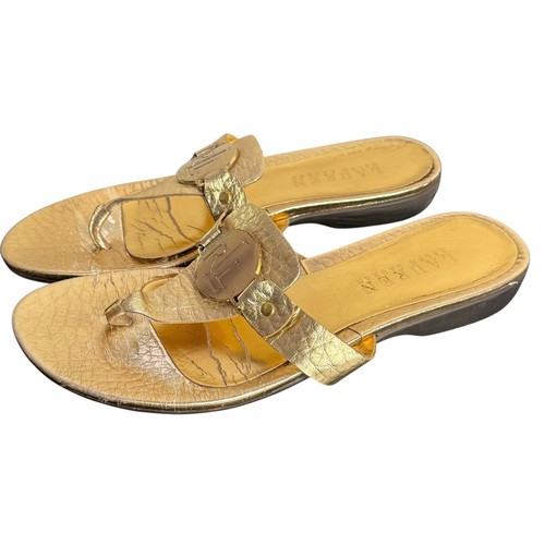 Ralph Lauren Metallic Gold Thong Sandals Size 8.5 RL Logo Flip Flops Leather - Picture 4 of 10