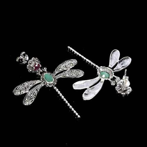 925 Sterling Silver Earrings Oval Emerald Ruby Gemstone Dragonfly Jewelry - Picture 3 of 14
