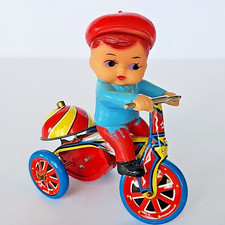 Vintage Tin Wind Up Toy Boy Riding Tricycle Late 50s Collectible - Works - 1750