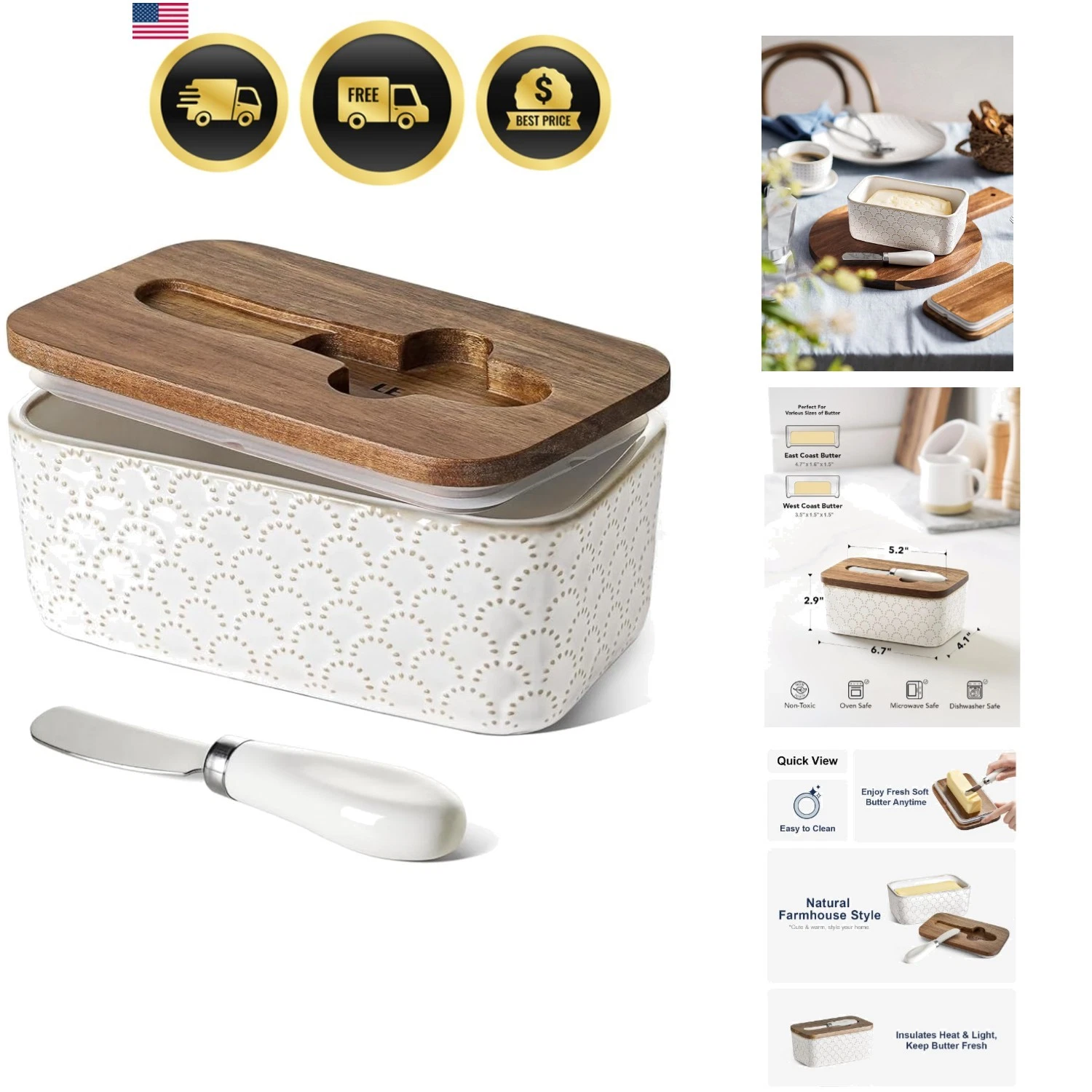 Butter Dish with Lid for Countertop, Ceramic Butter Container, Embossed Butte...