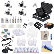 Complete Tattoo Machine Kit 4 Guns 54 Ink Power Supply Needles Grip Tip w/ Case