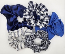 Handmade Scrunchie Set Lot of 5 Hair Ties Blue Plaid, Checks, Stripes, Satin