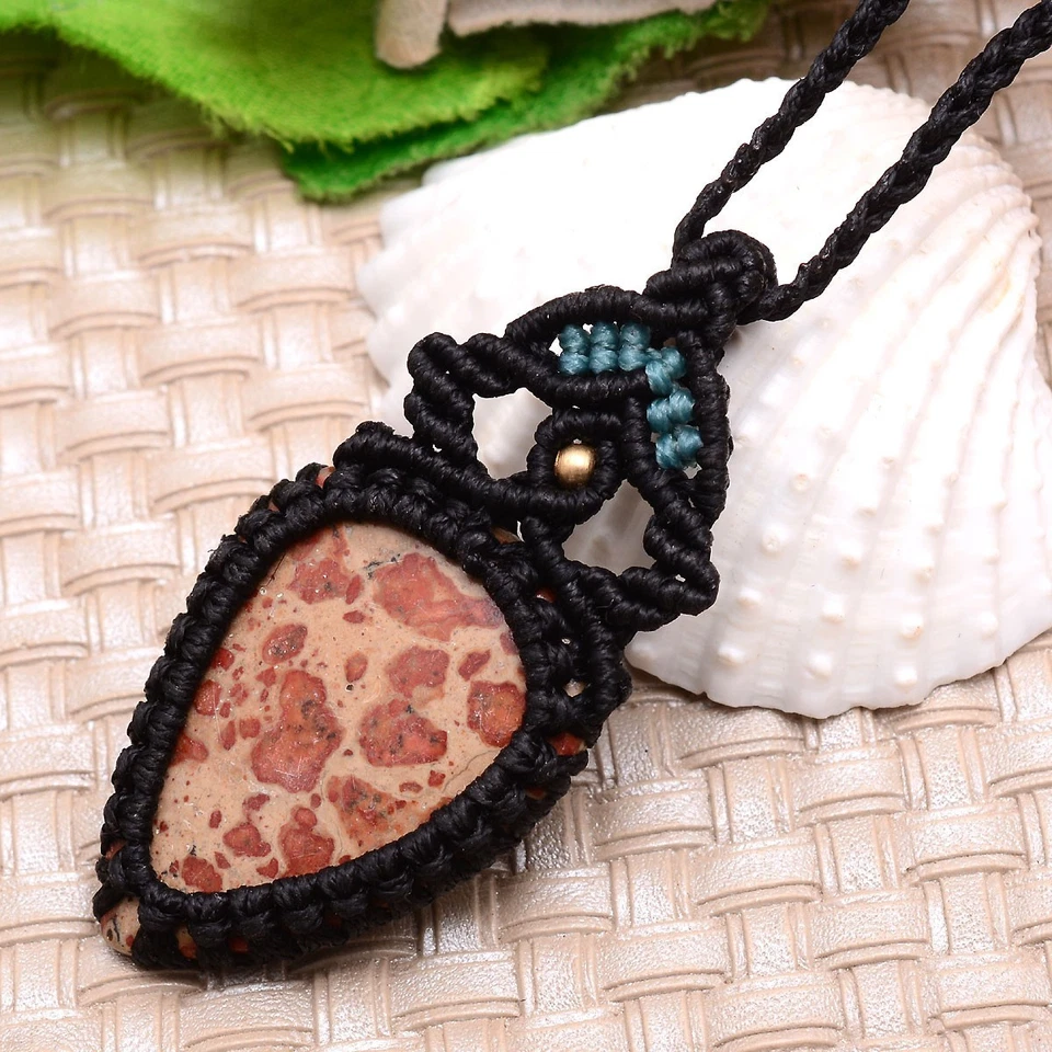 Handgefertigt Natürlich Jaspis Cabochon Boho Makramee Anhänger Crystal Reiki - Bild 3 von 4