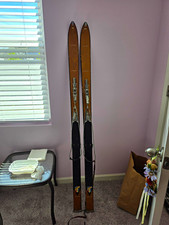 Vintage 1940s Northland Monarch Laminated Hickory Wood Skis & Poles Set. (65 in)