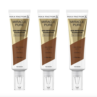 3 x Max Factor Miracle Pure Skin Improving Foundation Make Up 100 Cocoa SPF 30