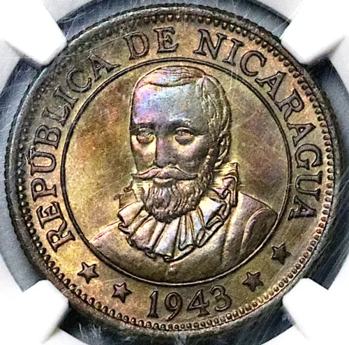1943 NGC MS 65 Nicaragua 25 Centavos Sun Volcanos Stuart Coin  (24011001C)