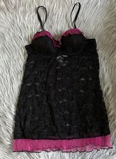 Lingerie Babydoll Womens Size Medium Black Floral Lace Sheer Lightly Lined Slip