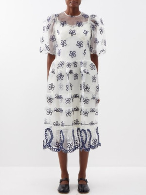 Simone Rocha Sheer Puff Sleeved Embroidered Dress , Style# 71750504, Size 4 UK