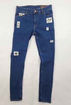 ASOS Jeans Women's Size 28x30 Denim Blue Embroidered Patches, Fun Jeans 