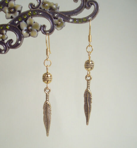 Pretty Golden Feather Charm and Bead Dangly Earrings - Ethnic Boho Tribal - Picture 1 of 4