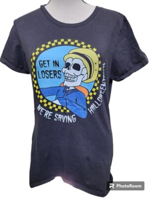 GET IN LOSERS WE'RE SAVING HALLOWEEN TOWN Black T-Shirt Size Medium Skull Hippie