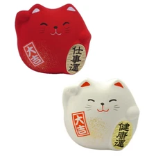 SET of 2 Japanese White & Red Maneki Neko Cat GOOD HEALTH & CAREER Made in Japan