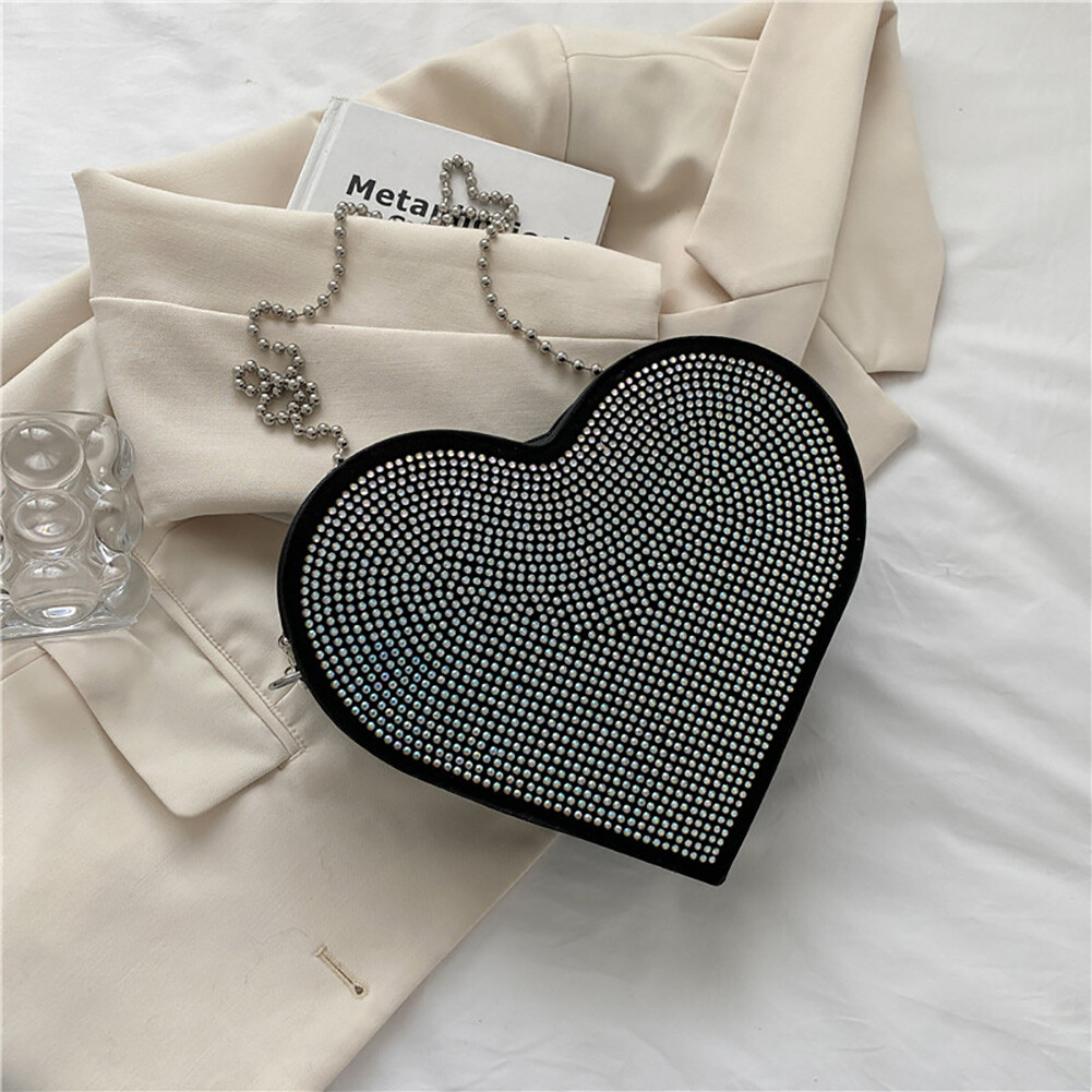 Heart Shaped Rhinestone Shoulder Bag Shiny Chain Purse Handbag
